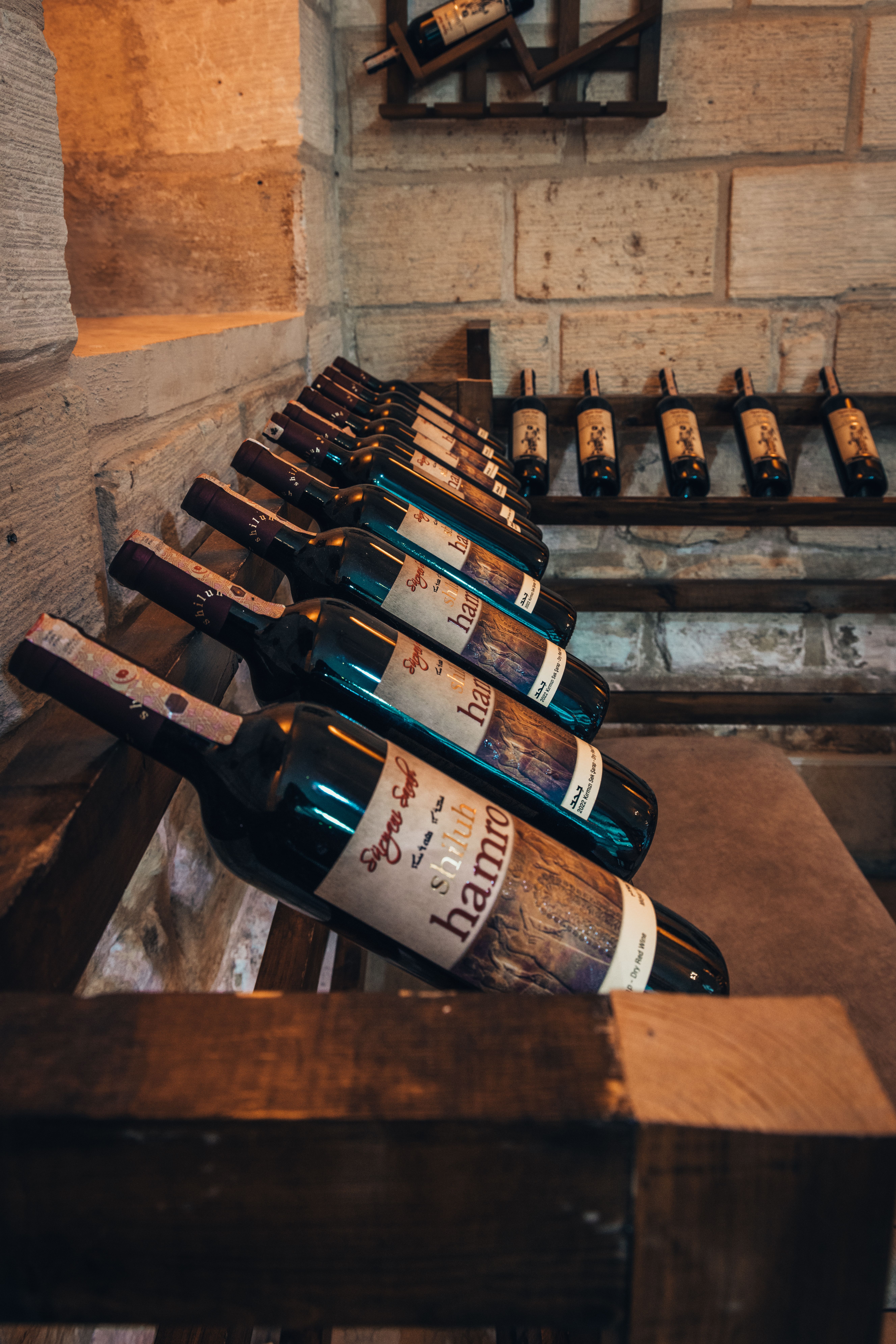 Dettaglio bottiglie di vino in affinamento Tenuta Monis